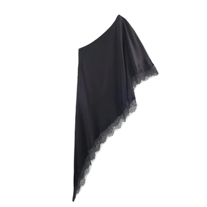 Elegant black satin one-shoulder top with intricate lace trim hem on a white background