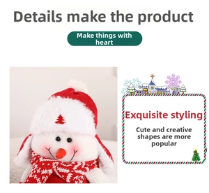 Close-up of plush snowman doll with red knitted hat and woven scarf for Christmas gift