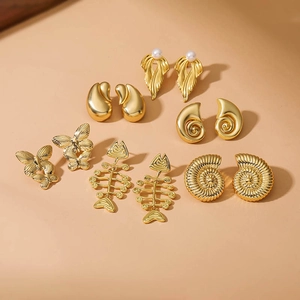 Ocean Style Copper Stud Earrings Shell Fish Bone Butterfly Leaf Artificial Pearl Vintage Personality Fashion Jewelry For Women