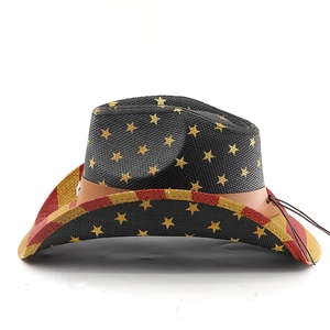 Detailed texture of woven straw cowboy hat with American stars and stripes design