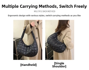 Detail of black quilted puffer bag showing portable hand-carry and shoulder-carry styles