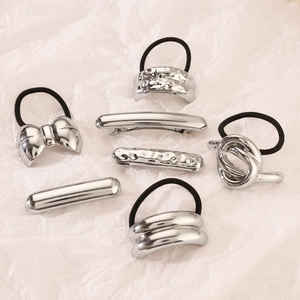 7-piece silver alloy geometric hair accessory set with elastic ties and sleek metal hairpins