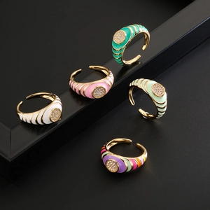 Set of five colorful 18K gold plated enamel open rings with sparkling zircon inlay