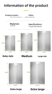 Size chart showing five dimensions of SUS304 stainless steel antibacterial cutting boards