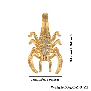 Detailed view of gold scorpion pendant with dimensions 34mm height and 20mm width