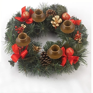 Christmas wreath with red bows, gold pine cones, and four candle holders on white background