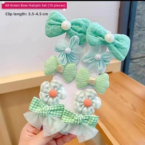 Set of 10 green floral and bow hair clips for girls, clips length 3.5 to 4.5 cm