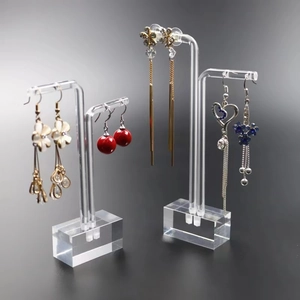 Two-piece clear acrylic L-shaped earring display stands with stable thick bases
