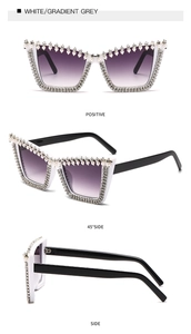 Three-angle views of oversized white sunglasses with pearl and rhinestone details