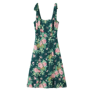 Floral Print Midi Dress Polyester Smocked Chest Bow Tie Straps Side Slit Vintage Style For Women