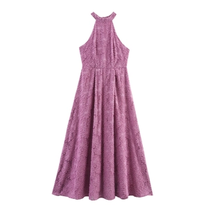 Halter Neck Maxi Dress Textured Burnout Floral Sleeveless Elegant High Waist Sexy Long Evening Gown
