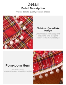 Macro shot of red plaid Christmas fabric with white snowflake prints and pom-pom trim detail