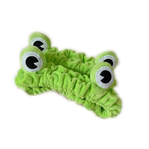 Cute green plush frog eye headband for face washing with soft elastic design