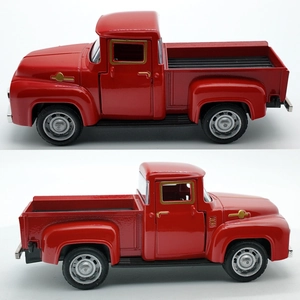 Classic red vintage alloy pickup truck toy model with metal finish and rubber tires