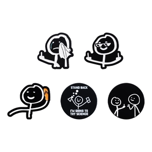 Funny cartoon stickman enamel pin set featuring five diverse black and white minimalist designs