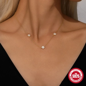 S925 sterling silver gold necklace with white heart zircon five-petal flower charms