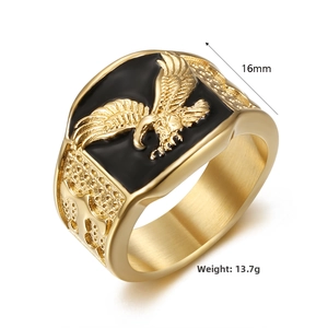 Detail view of gold-plated eagle ring with black enamel and 16mm width dimension