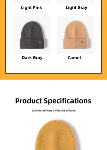 Detail view of various colored beanies with thick knit texture and metal M logo