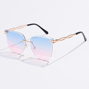 Detail of rimless gradient sunglasses with gold metal chain temple and non-slip tip