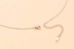 Detailed close-up of stainless steel lobster clasp and extender chain on silver necklace