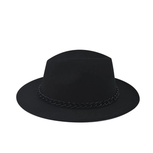Detail showing the black wool fedora with a matching woven chain band on the flat brim