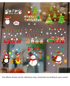 Macro detail of Christmas window stickers featuring Santa Claus and snowman motifs