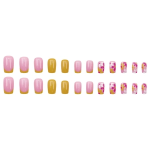 Floral French square press-on nails with pink and yellow daisy art designs, 24-piece set