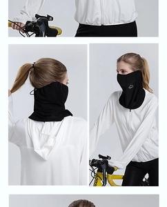Detail of black breathable mesh sun mask with adjustable drawstrings and ear loops