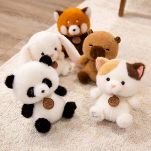 Plush animal dolls set including panda and rabbit on soft carpet for home decoration