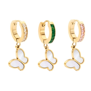Gold butterfly earrings with colorful cubic zirconia and shell pendants on white background