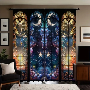 Detail of sun and moon stained glass print on decorative polyester blackout curtains