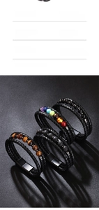 Macro detail of multi-layer braided leather bracelet with colorful beads and magnetic clasp