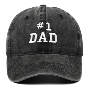 Vintage washed black baseball cap with white #1 DAD embroidery and distressed cotton finish
