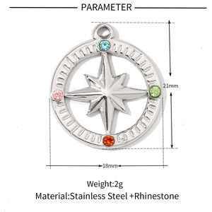 Technical parameter view of stainless steel compass pendant with multicolor rhinestones
