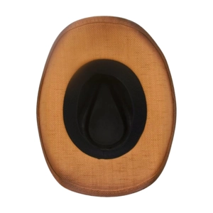 Vue de dessus de l'intérieur du chapeau de cowboy en paille avec bande noire interne