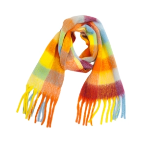 Colorful thickened rainbow plaid winter scarf in soft faux mohair with coarse fringes