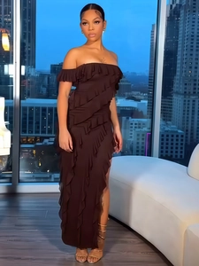 Women Sexy Off-Shoulder Maxi Dress Ruffle Detail High Slit Polyester Spandex Elegant Evening Party Banquet Urban