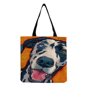Tote Bag Linen Cartoon Dog Print Handbag Eco Friendly Shopping Shoulder Bag Artistic Animal Pattern Reusable