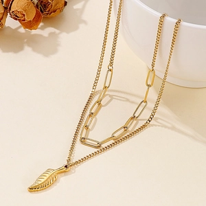 Golden double layer wing necklace with paperclip chain and feather pendant for women