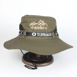 Outdoor camouflage bucket hat in military green with embroidery and windproof rope
