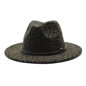 Classic olive green leopard print wool fedora hat with studded black leather band