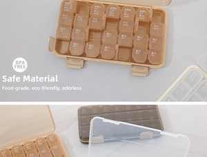 Detailed view of 28-compartment BPA-free weekly pill organizer with morning to bed icons