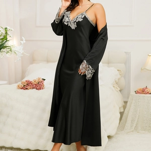 Elegant black satin lace pajama set featuring a silk camisole and matching long robe