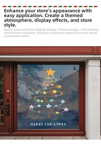 Macro view of a spiral Christmas tree window sticker with colorful stars and holiday text