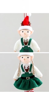 Detailed plush Christmas elf dolls with reindeer prints and braided hair decorations