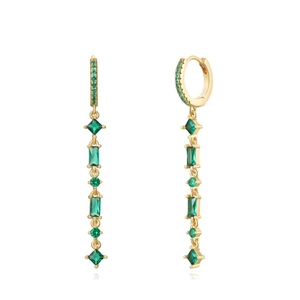 Gold tassel drop earrings with green zircons and S925 silver pins on white background