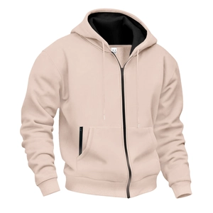 Detail view of apricot zip-up hoodie featuring a drawstring hood and warm fleece lining