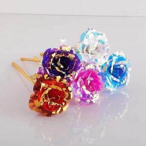 Set of five colorful holographic and gold foil roses in red, purple, pink, blue, and silver