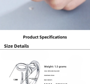 Detailed specification of bow ring with dimensions in silver and rose gold color