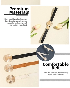 Detail of round golden alloy buckles with brushed texture on elastic leather waist belts